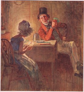 カードを両手でしっかりと持ち、どれを出すか考えている侯爵夫人（1920年頃、カラーリトグラフ）。 作： Frank Reynolds
