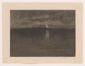 湖のある夜景 疲れた月が欠けていたとき、ドート 作： Frank Short (signed by artist)