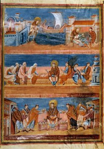 ローマを離れ、エルサレムで先生にお金を払っている聖ジェローム（上）、写字者たちと仕事をしている様子（中央）、ヴァルゲートを配布している様子（下）。845-846年の「シャルルの第一聖書、別名ヴィヴィアンの聖書」（フォリオ3v）のミニチュア。BN、パリ