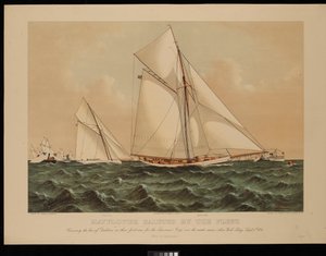 艦隊に敬礼するメイフラワー号。アメリカズカップ初レースでガラテアの船首を横切る...1886年9月7日、ニューヨーク湾 [メイフラワー号が優勝]. 作： Franklyn (after) Bassford
