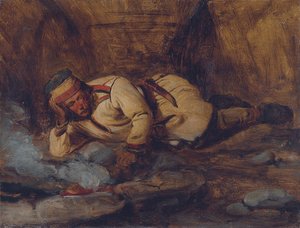 火のそばで眠っているラプランダー 作： François Auguste Biard