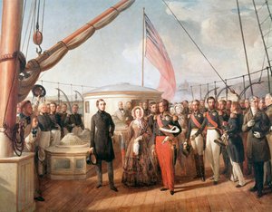 1843年9月2日、トレポート沖のヨット「ヴィクトリア＆アルバート」上で行われたイギリス女王ヴィクトリアとフランス王ルイ・フィリップの会見（詳細画 作： François Auguste Biard