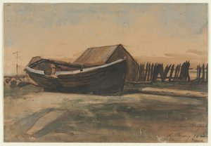 ビーチでのボート、ルトレポール、1854年。 作： François Bonvin