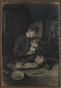猫を抱いた着席少年（直腸）;子猫と牛乳のプレートの研究（verso）、c。 1874-80（オフホワイトの紙の上に白いチョークで黒チョークを高くしたもの） 作： François Bonvin