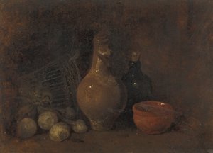 4つの果物、グラス、陶器のある静物 作： François Bonvin