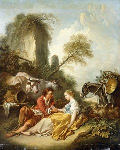 遺跡に座った羊飼いと羊飼いのいる牧歌的な風景 作： François Boucher