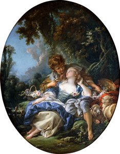 樹木が茂った風景の中のダライアンスの羊飼いと羊飼い、1761 作： François Boucher