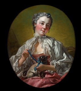 パグ犬を抱く若い女性 作： François Boucher