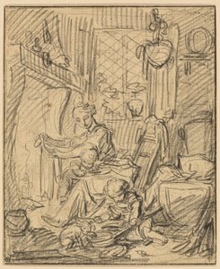 国内シーン: マントルピースの前に 2 人の小さな子供を持つ母親 作： François Boucher
