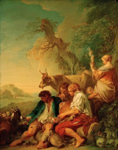 風景の中の牛と羊飼い 作： François Boucher