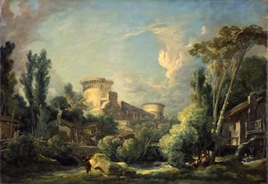城と風車のある風景、1765年頃 作： François Boucher