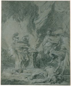 火の中に手を入れているスカエヴォラ 作： François Boucher