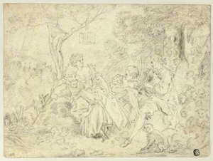 羊飼いの女たちとバグパイプを吹く若者 作： François Boucher