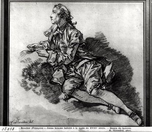 若い男の研究（紙に赤いチョーク） 作： François Boucher