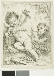 鳥と2匹のプッティ 作： François Boucher