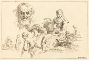 ひげを生やした老人の顔を含む人物研究 作： François Boucher after Abraham Bloemaert