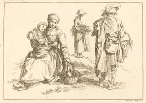 座っている母と子、立っている 2 人の農夫 作： François Boucher after Abraham Bloemaert