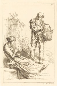 バスケットを持っている農民の少年と座っている女性 作： François Boucher after Abraham Bloemaert