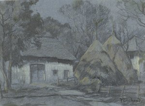 月明かりの下の農家の干し草の山