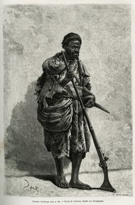 アンテロープの狩人。V.Largeauが1874年から1878年にかけて、Edouard Charton（1807年から1890年）の指揮の下、Tour du mondeに掲載されたアルジェリアのサハラ砂漠を説明するためにCourboinが描いたエングレーヴィング。