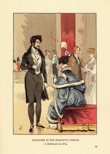 ロマン派時代のダンディズム、1834年の舞踏会の様子。燕尾服にタイトなパンツ、トップハットのフォップ。毛皮のついたドレスを着て、髪に羽根をつけた女性。オクターヴ・ユザンヌの『ファッション』に掲載されたフランソワ・クルボアンのイラストをもとにR.V.が描いた手彩色リトグラフ。