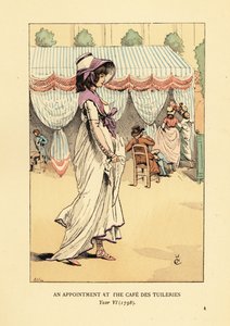 カフェ・デ・チュイルリーにアポイントメントを取りに来たファッショナブルな女性、パリ、6年目 作： François Courboin