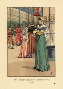 パリ、パレ・ロワイヤルの木製ギャラリーで買い物をするファッショナブルな女性