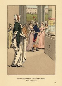 パレ・ロワイヤルのギャラリーを散策するファッショナブルな女性、パリ、8年目 作： François Courboin
