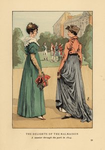 シャトー・ドゥ・マルメゾンを満喫するファッショナブルな女性たち。1804年、公園を散歩する様子。William Heinemann, LondonのOctave Uzanne
