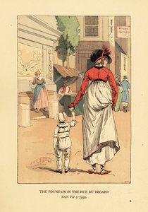 レダの泉（Fontaine de Leda）の前にいる女性と子供、パリ、レガード通り、7年目 作： François Courboin