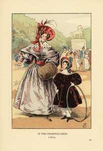 フープを持った女性と子供が公園で遊んでいます。Champs Elyseesにて 作： François Courboin