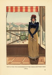 モンマルトル大通りのパノラマスとパノラマスの通路を見下ろす窓辺の女性 作： François Courboin