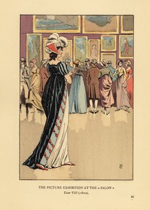 パリ・サロンの絵画展でのファッショナブルなドレスを着た女性、アカデミー・デ・ボザール、8年目 作： François Courboin