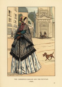 パリ、ガイヨン広場の噴水の前にいる女性。クリノリンの上にla visiteと呼ばれるアームホール付きのカシミアのショールを羽織っている。カルフール・ガイヨンと噴水