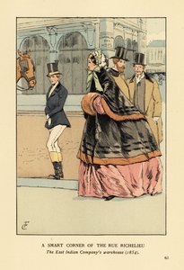 広いクリノリンの上に毛皮のついたケープとマフをつけた女性と、ライディ ングウェアを着た別の女性。リシュリュー通りの粋な一角、東インド会社の倉庫、パリ 作： François Courboin