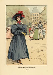 公園でSunday Bestを着てプロムナードする女性。つばの広い帽子をかぶり、フルスリーブのドレスを着て、アンクルブーツを履き、パラソルを持っています。チュイルリー公園の日曜日 作： François Courboin