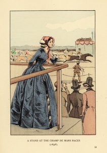 シャン・ド・マルス競馬場で競馬を観戦する女性。クリノリン・ドレスの上にボンネットとブルーのレディンゴートを着ています。トップハットと燕尾服の男性。シャン・ド・マルス競馬場のスタンド