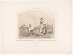 小川のそばで女性と子供にロブスターを見せる少年 Le ruisseau (オブジェクトのタイトル) 作： François Grenier
