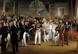1830年の革命"1830年7月8日、王宮にて、代議員会がオルレアン公ルイ・フィリップ1世（1773-1850）に王位継承法と1830年の憲章を提示" 詳細フランソワ・ジョセフ・ハイム（1787-18）による絵画 作： François Joseph Heim