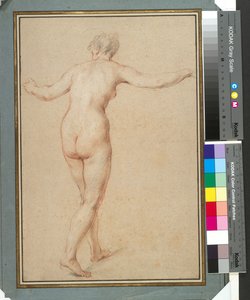 後ろから見た立っている女性のヌード、1722年頃（紙に赤、黒、白のチョーク） 作： François Lemoyne
