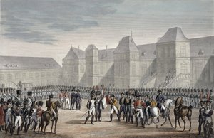 1814 年 4 月 20 日、ナポレオンの退位とフォンテーヌブローからのエルバ島への出発 作： François Pigeot