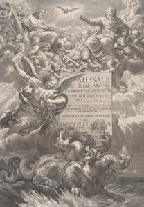 聖ミカエルが 6 頭のドラゴンを打ち負かす聖なる三位一体、「...」の口絵。 1662年。 作： François Spierre