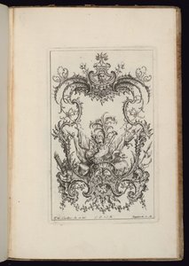 アーモリアル トロフィーのカルトゥーシュ、Livre d’ornements (装飾書) 作： François de Cuvilliés the Elder