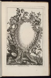 トランペットを保持するプット付きカートリッジ、不規則なカートリッジの本 作： François de Cuvilliés the Elder