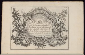 太陽と四つの風のカルトゥーシュ、Livre de Cartouches Reguliers (Book of Regular Cartouches) 作： François de Cuvilliés the Elder