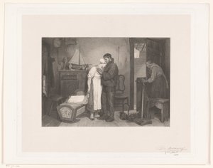 空のゆりかごの近くに悲しむカップルがいる漁師のインテリア 作： François de Meersman (signed by artist)