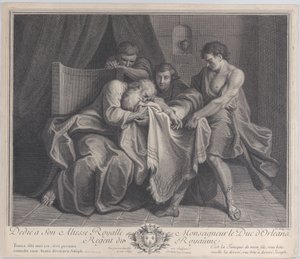 1724年、他の息子たちがローブを引き離している間、息子のローブに向かって泣き叫ぶジェイコブ。 作： François de Poilly