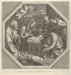 幼子キリストの前で一緒にひざまずく羊飼いたちの礼拝... 1655-93。 作： François de Poilly