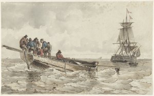 帆船の近くで手漕ぎボートに乗った 8 人の男性 作： Frans Arnold Breuhaus de Groot