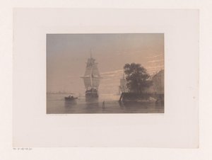 日没時の岸壁での帆船 作： Frans Arnold Breuhaus de Groot
